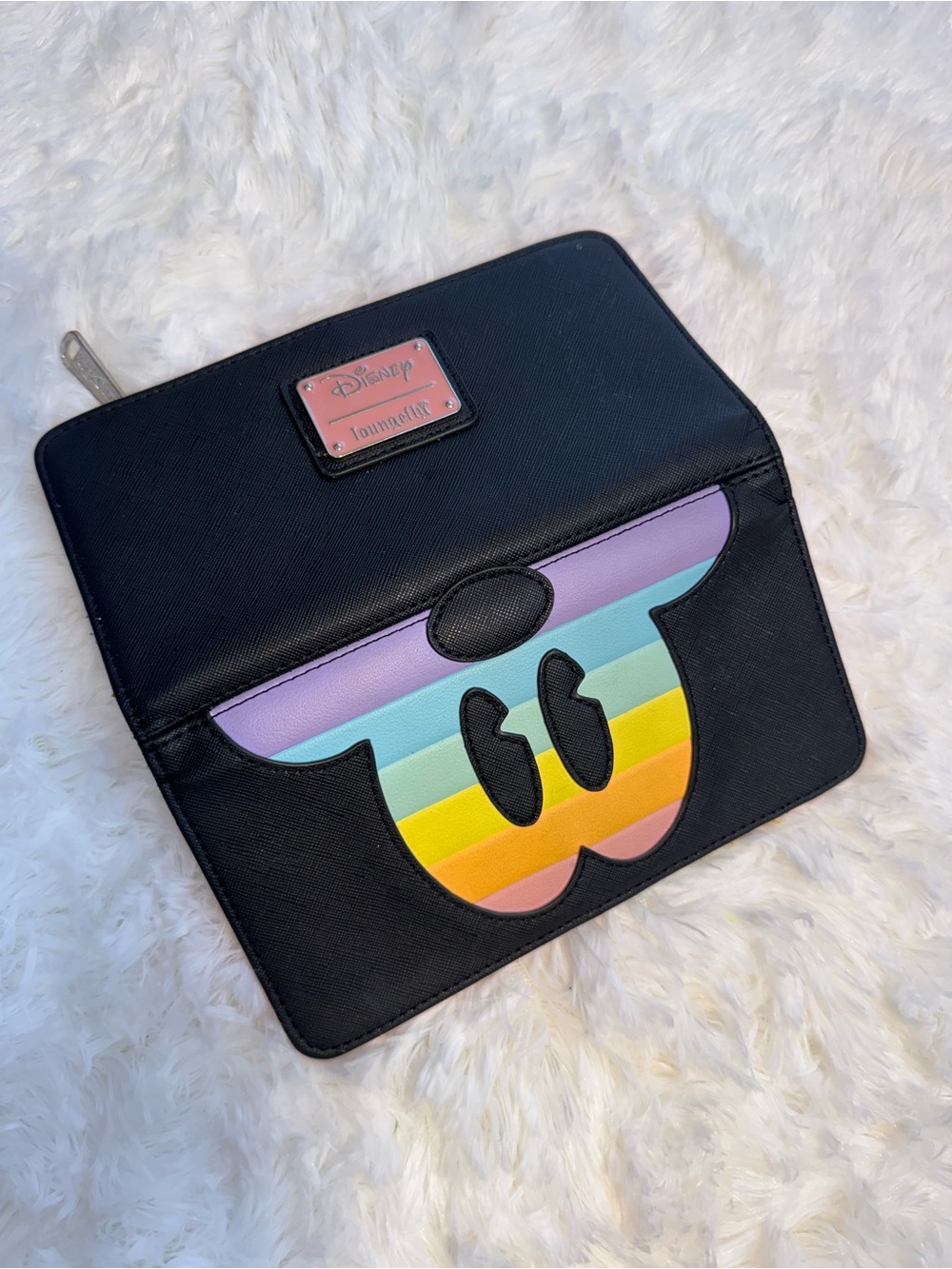 Disney x Loungefly Black flap Wallet with Rainbow Mickey Accent pastel